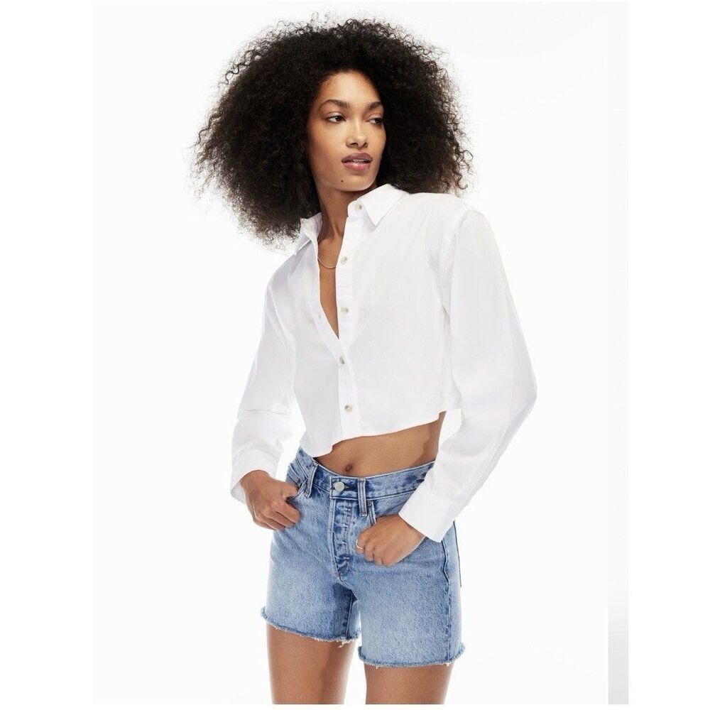 Aritzia Denim Forum The Jane Cropped Long Sleeve Button-Up Shirt White Sz Small